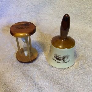 Mini ‘hour-glass’ 3 minute timer and ceramic bell Lake Winnepesaukee souvenirs